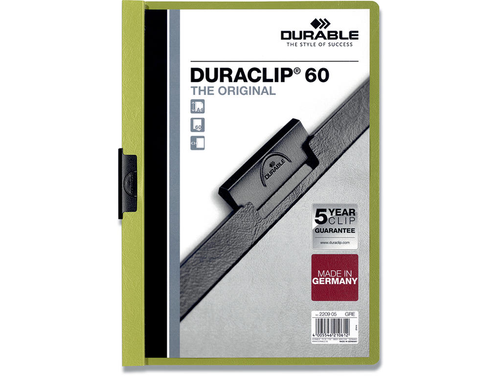 Klemmappe, 60 stk, Lysegrøn, Transparent forside, Durable DURACLIP 60