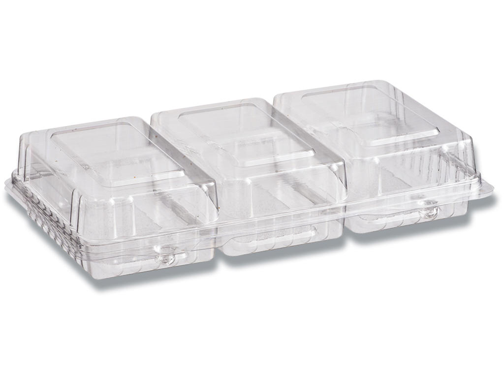Smørrebrødsbakke, 3-rum, 245x145x45 mm, Hængslet låg, APET, Klar, 300 stk