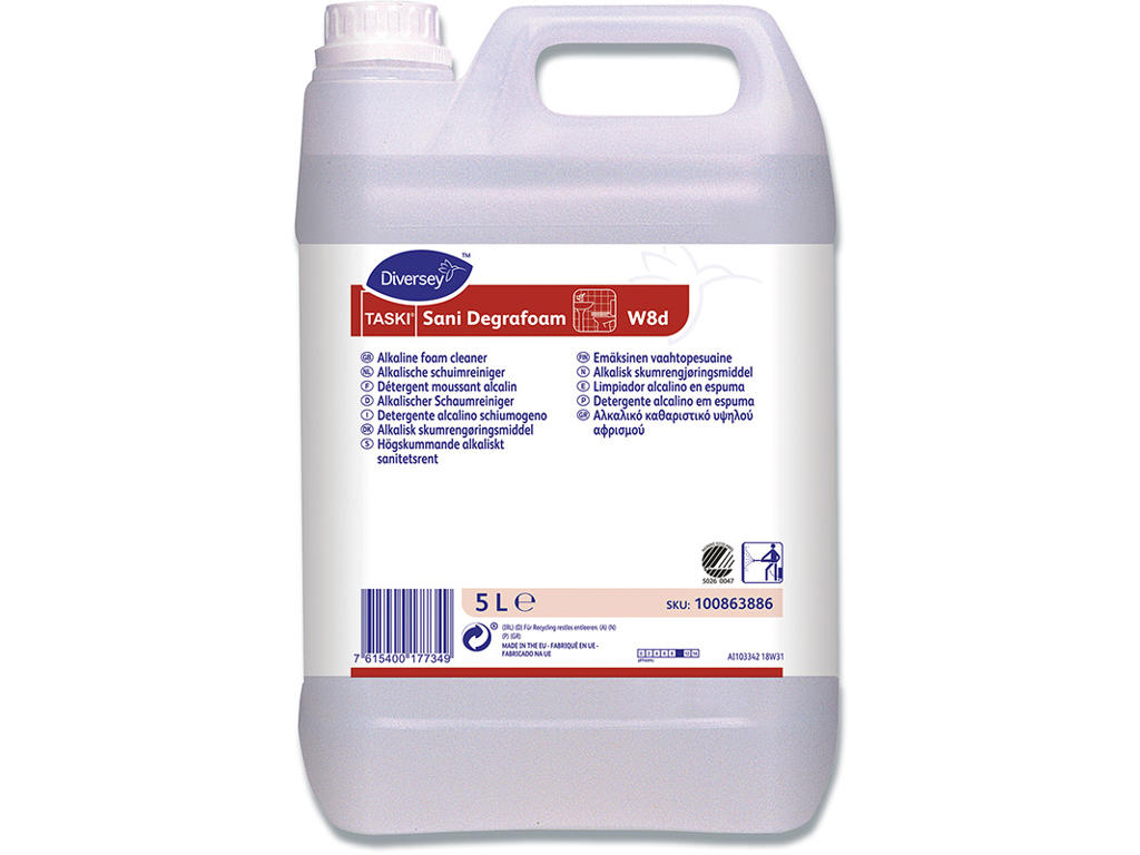 Skumrengøring, Alkalisk, Affedtende, Uden klor farve parfume, 5 liter, Diversey TASKI Sani Degrafoam W8d