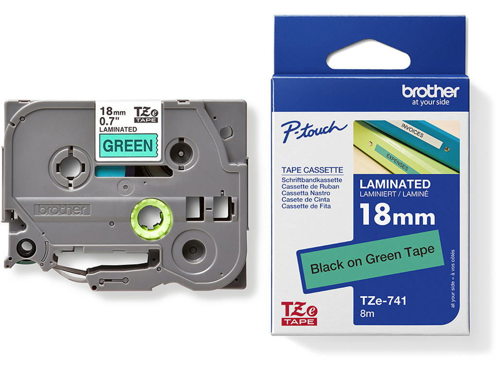 Labeltape, 18mm x 8m, Sort på Grøn, 1 rulle, Brother P-Touch TZe-741