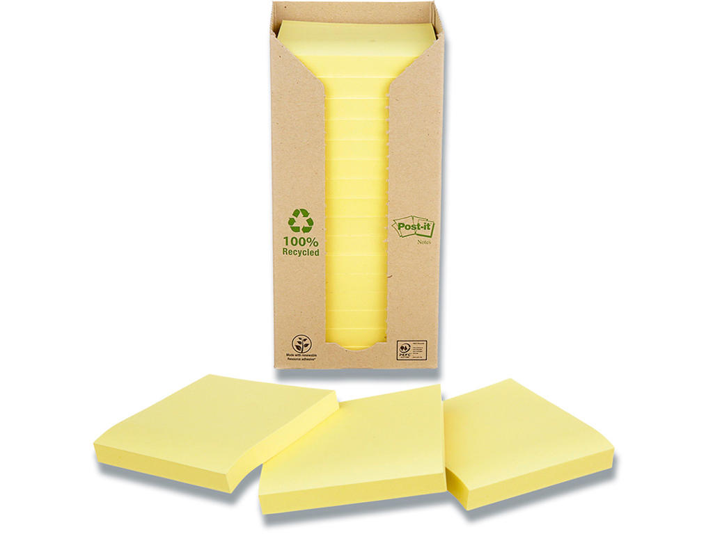 Memonotes, 76x76 mm, Gul, 16 blokke, Post-it Recycled 