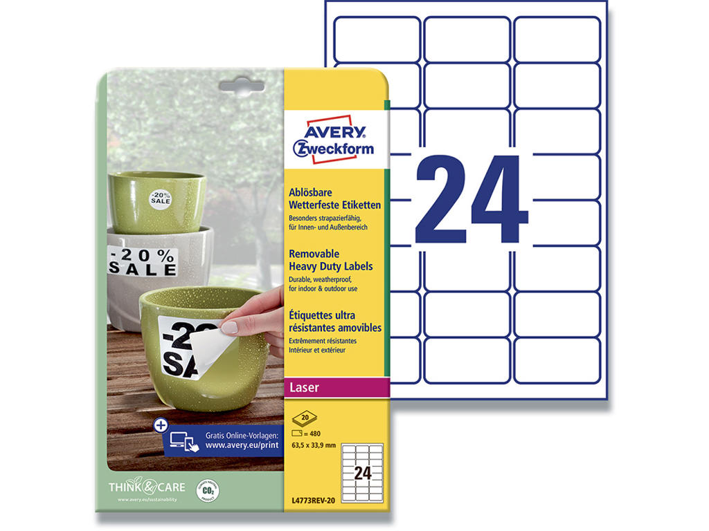 Etiketter, 63.5x33.9 mm, Hvid, 480 etiketter i alt, Avery 