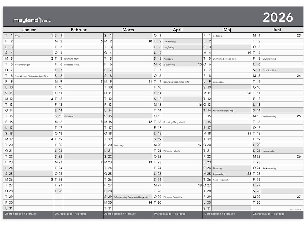 Vægkalender, 2026, A2, Basic Kontor Whiteboard, 6 måneder pr. side, Mayland