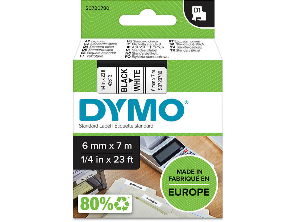 Labeltape, 6mm x 7m, Sort på Hvid, 1 rulle, Dymo D1 43613