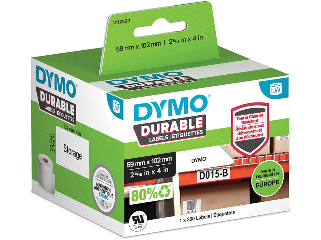 Labeletiketter, Holdbare og modstandsdygtige, 59x102 mm, 1 rulle af 300 etiketter, Dymo LabelWriter Durable