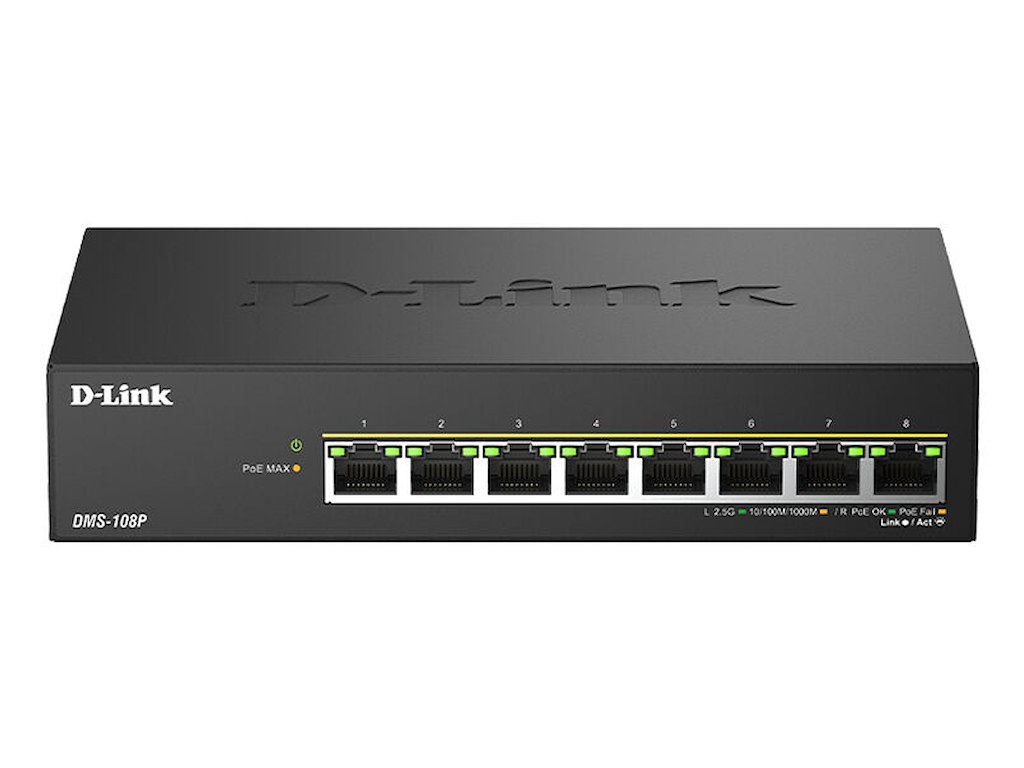 D-Link DMS-108P/E netværksswitch Ikke administreret 2.5G Ethernet (100/1000/2500) Strøm over Ethernet (PoE) Sort