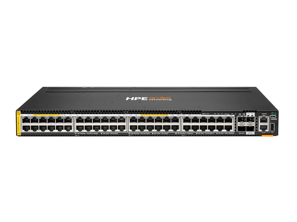 HPE Aruba Networking CX 6300M 12p CL8 PoE 36p CL6 PoE Smart Rate 1G/2.5G/5G 2p 50G 2p 10G Switch Administreret L3 Gigabit Ethernet (10/100/1000) Strøm over Ethernet (PoE) 1U Sort