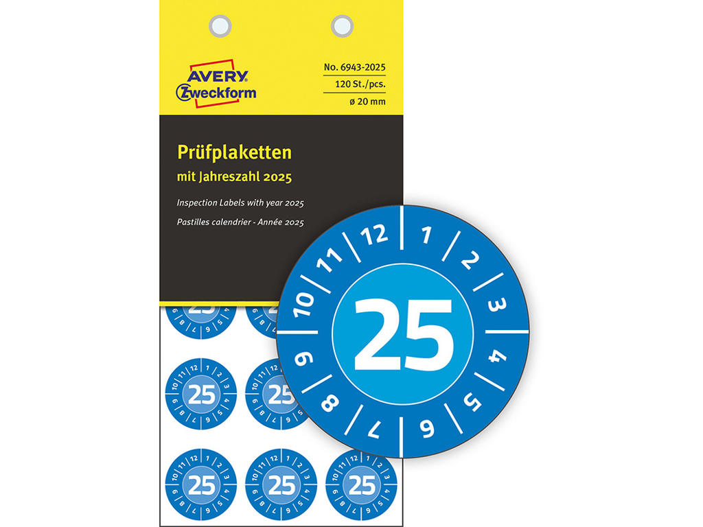 Etiketter, Ø20 mm, 2025 Blå, 120 etiketter i alt, Avery Inspektion