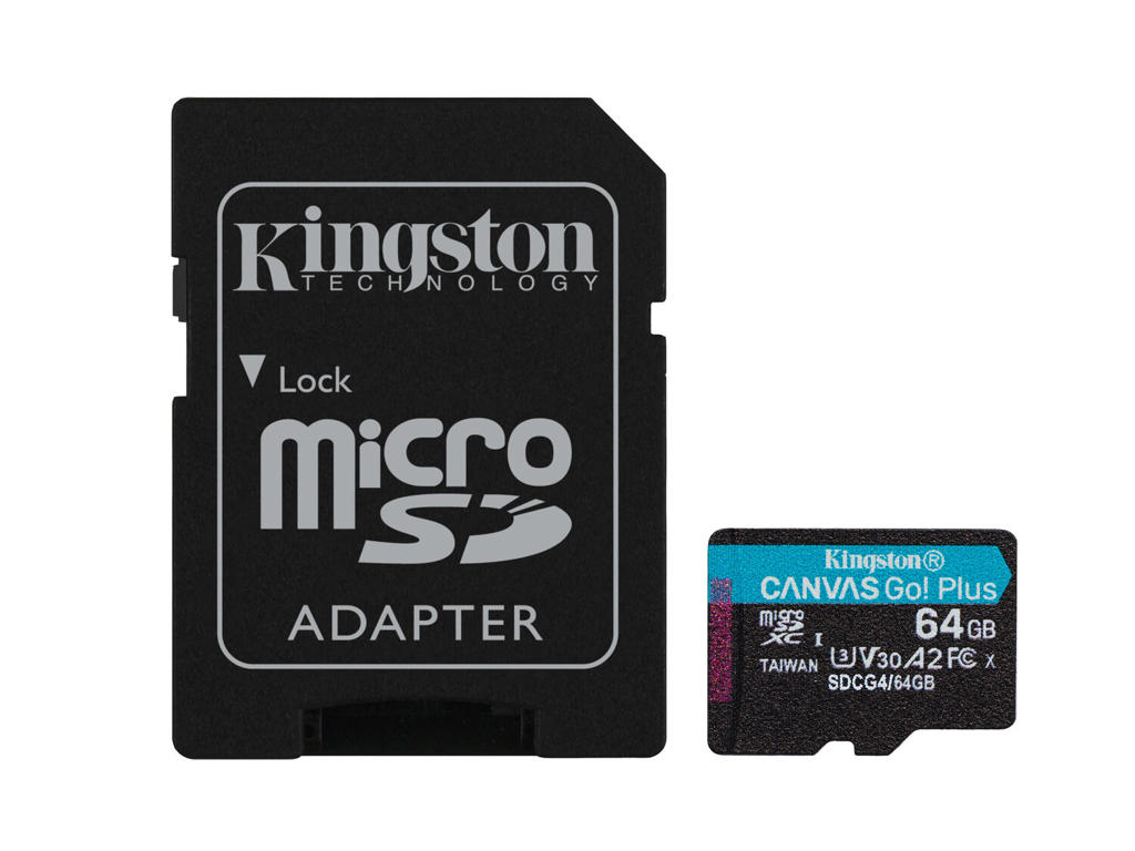 Kingston Technology 64 GB microSDXC Canvas Go! Plus Gen4 200MB/s A2 U3 V30-kort + adapter