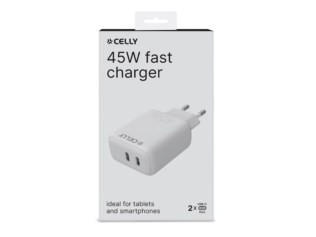 Celly TC2USBC45WWH oplader til mobil enhed Smartphone, Tablet Hvid Vekselstrøm Hurtig opladning Indendørs