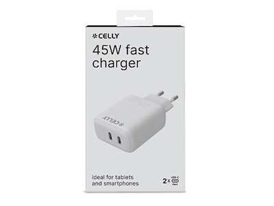 Celly TC2USBC45WWH oplader til mobil enhed Smartphone, Tablet Hvid Vekselstrøm Hurtig opladning Indendørs