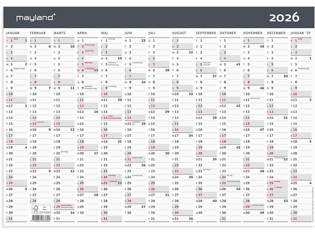 Vægkalender, 2026, A3, Kontor, Moderne, 13 måneder, Mayland