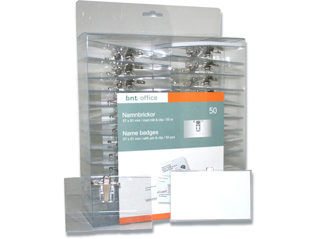 Navneskilt, Med klemme, sikkerhedsnål og indstik, 57x91 mm, 1 stk, BNT Office 