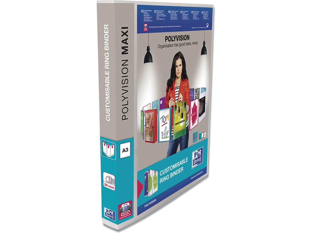 Ringbind, A3 Maxi, Højformat, 4 D-ringe, Ø30 mm, 4.5 cm, Hvid, Oxford Maxivision Panorama