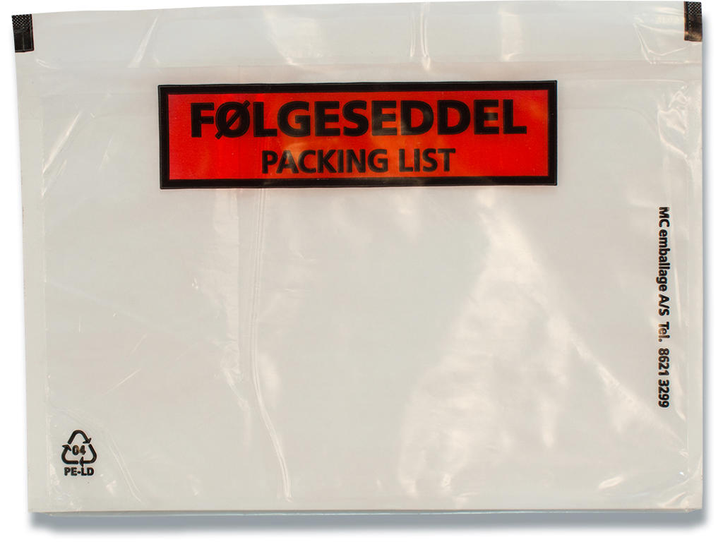 Følgeseddellommer, ''Følgeseddel''/''Packing List'', C6, 1000 lommer, 