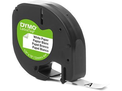 Labeltape, 12mm x 4m, Sort på Hvid, 1 rulle, Dymo LetraTag Papir
