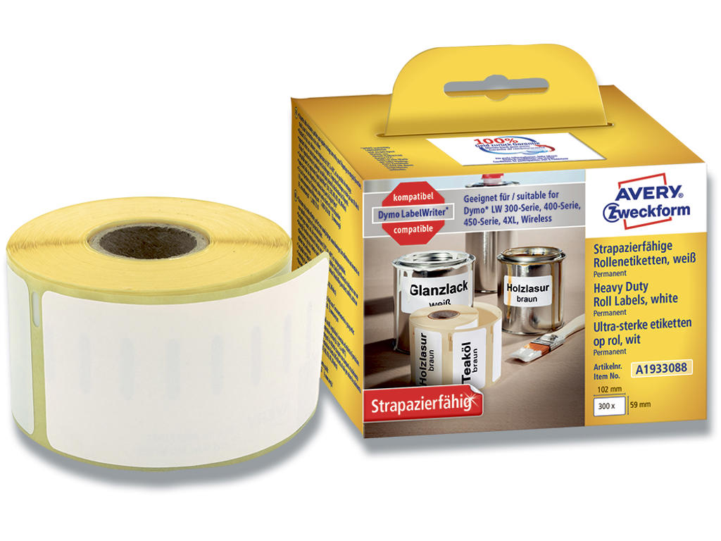 Labeletiketter, Holdbare og modstandsdygtige, 59x102 mm, 1 rulle af 300 etiketter, Avery Direct Thermal 1933088