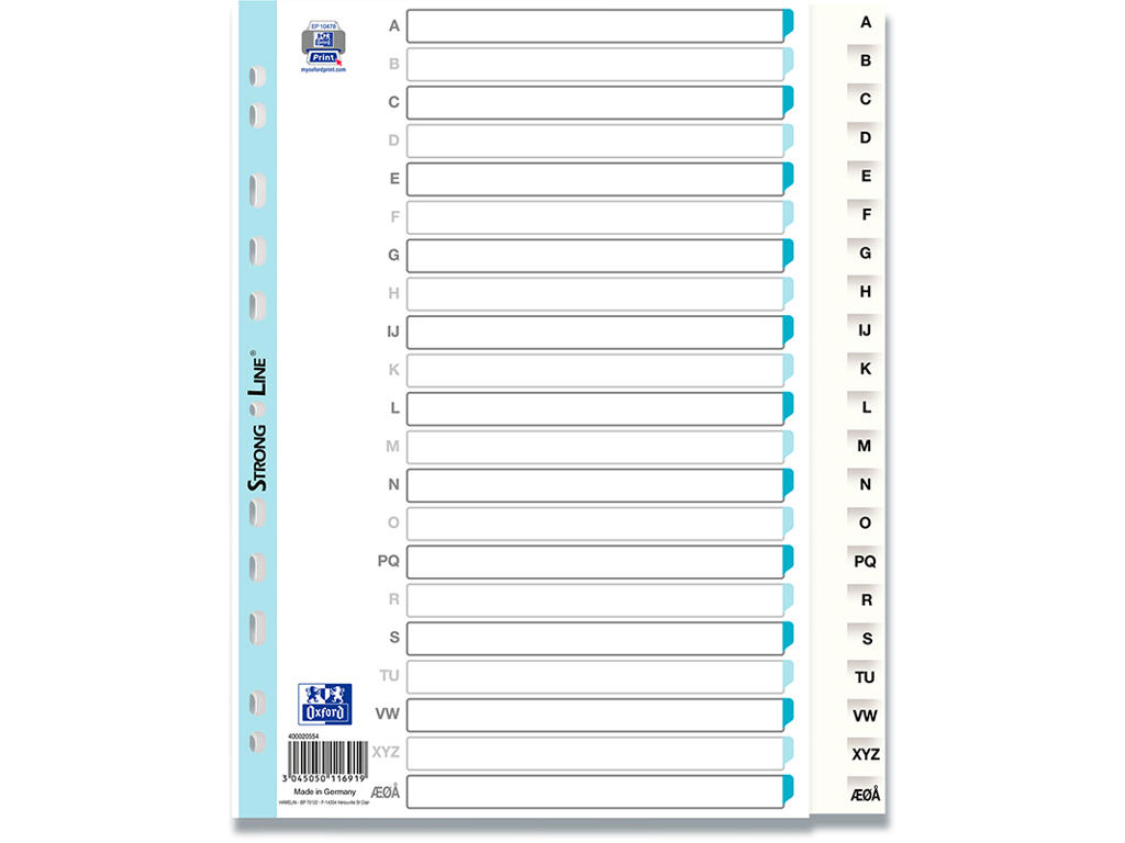 Registerblade, A4 Maxi, A-Å, Hvid, Oxford Strong-Line 