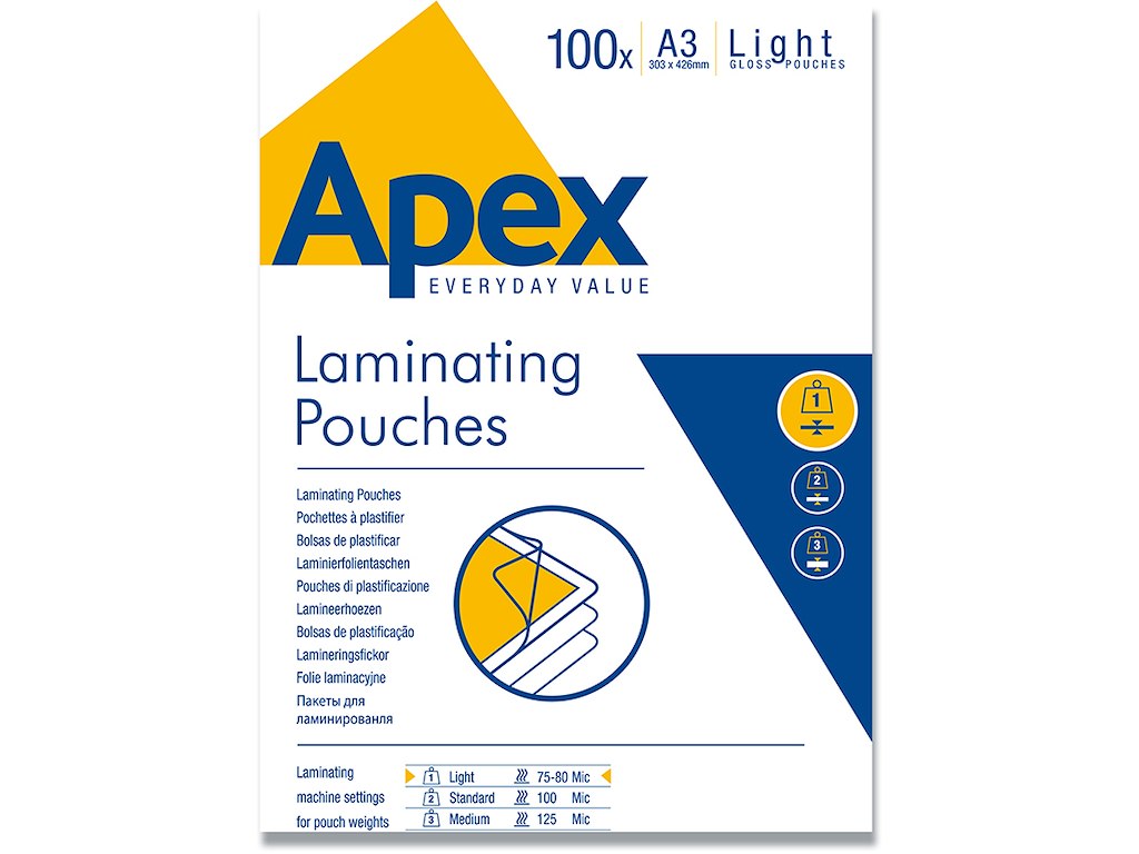 Lamineringslommer, A3, 80 micron, 100 stk, Apex 