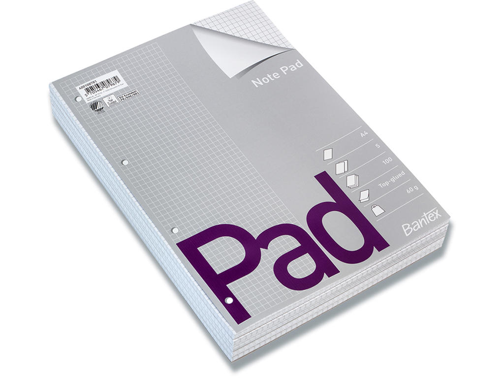 Papirblok, Kvadreret, A4, 5 blokke, Bantex Note Pad 