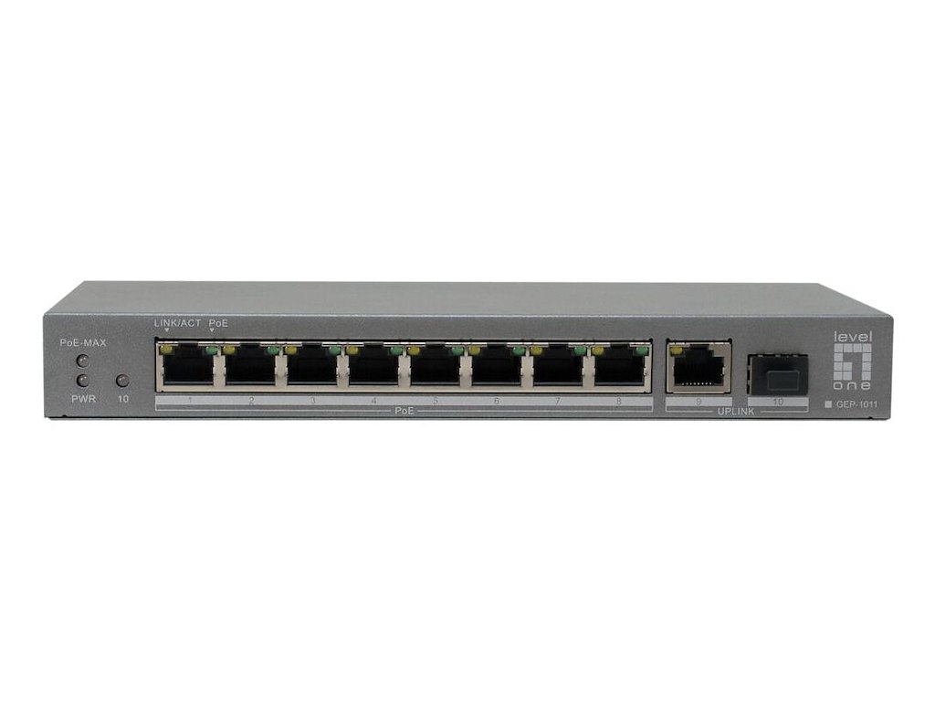 LevelOne GEP-1011 netværksswitch Ikke administreret L2 Gigabit Ethernet (10/100/1000) Strøm over Ethernet (PoE) Bord-/vægmontering Grå