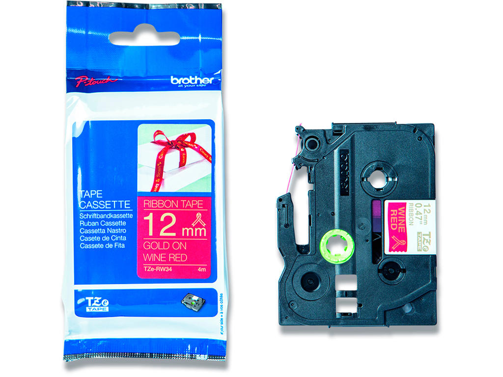 Labeltape, 12mm x 4m, Guld på Vinrød satin stofbånd, 1 rulle, Brother P-Touch TZe-RW34