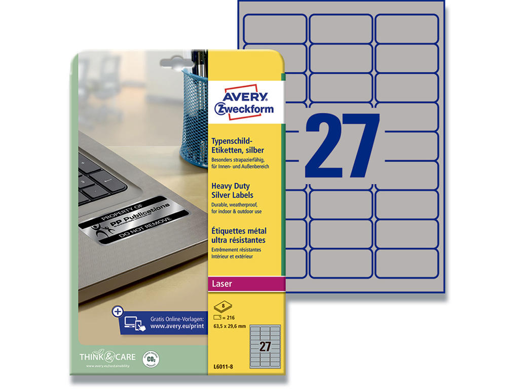 Etiketter, 63.5x29.6 mm, Sølv, 216 etiketter i alt, Avery 
