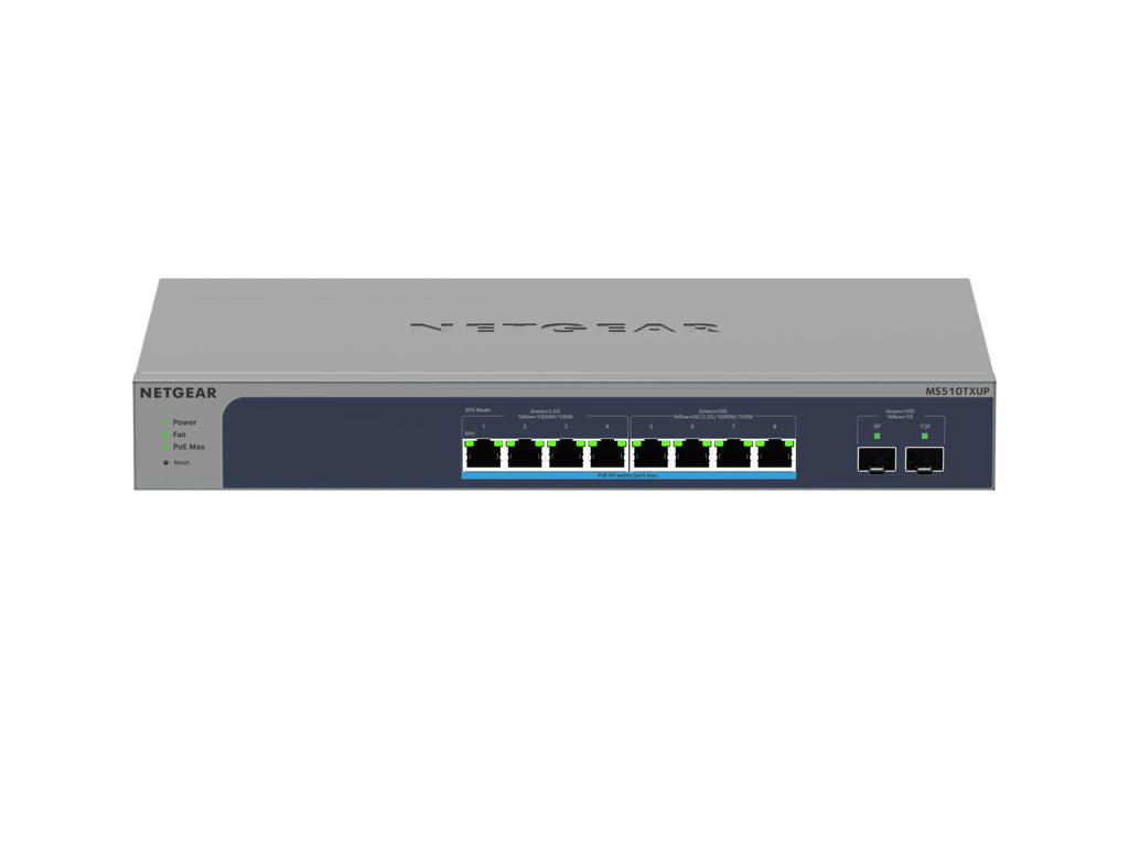 NETGEAR 8-Port Multi-Gigabit/10G Ethernet Ultra60 PoE++ Smart Switch with 2 SFP+ Ports (MS510TXUP) Administreret L2+ 10G Ethernet (100/1000/10000) Strøm over Ethernet (PoE) Grå