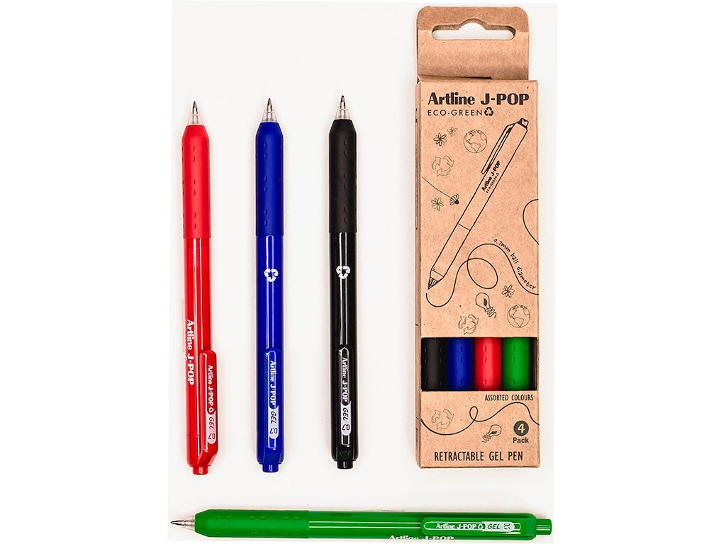 Rollerball gelpen, 0.7 mm, Sort Rød Blå Grøn, Artline ECO-GREEN J-POP