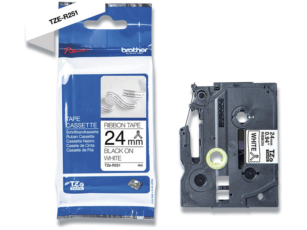 Labeltape, 24mm x 4m, Sort på Hvidt satin stofbånd, 1 rulle, Brother P-Touch TZe-R251