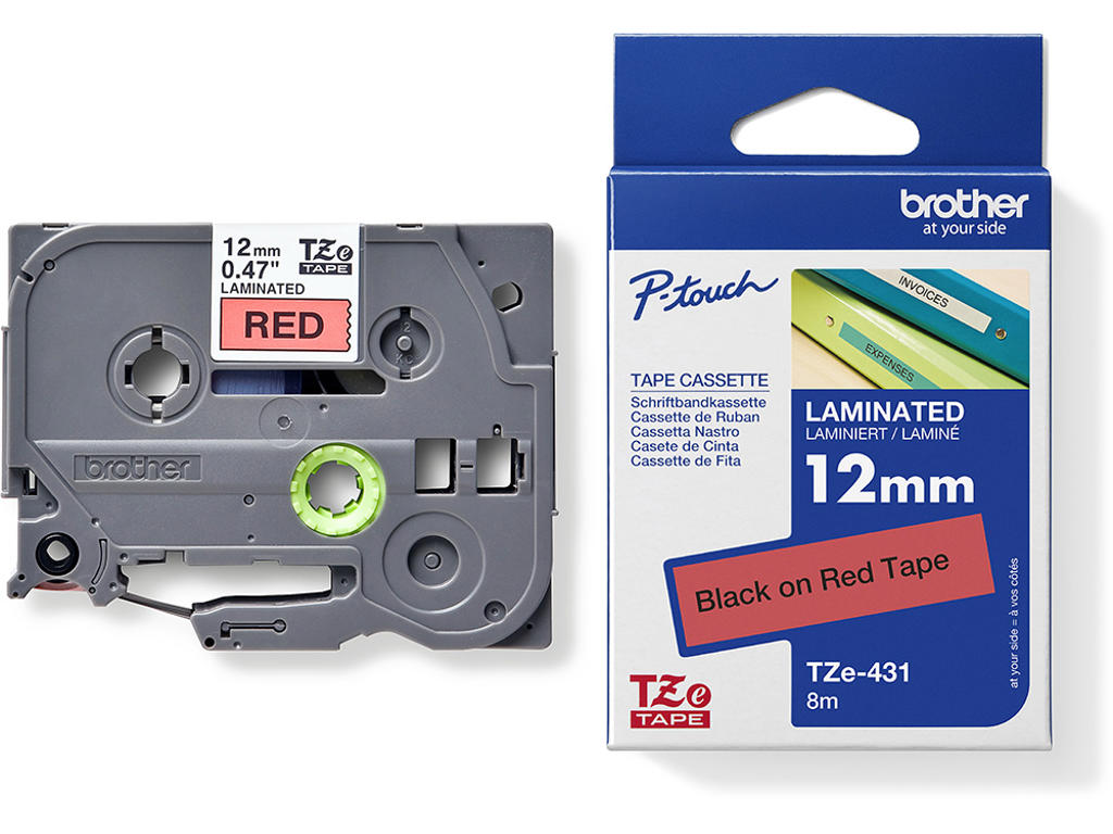 Labeltape, 12mm x 8m, Sort på Rød, 1 rulle, Brother P-Touch TZe-431