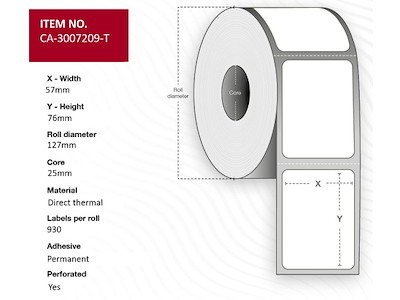 Etiketter, 57x76 mm, Hvid, Direct Thermal, 930 labels pr rulle, 12 ruller, Capture