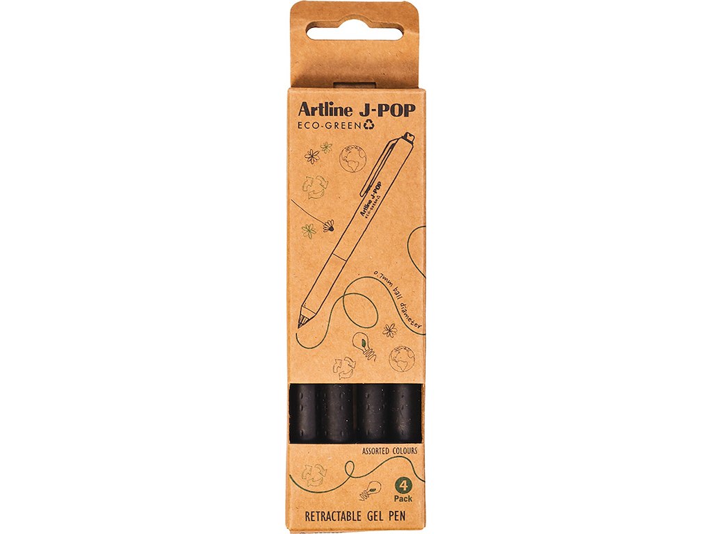 Rollerball gelpen, 0.7 mm, Sort, 4 stk, Artline ECO-GREEN J-POP