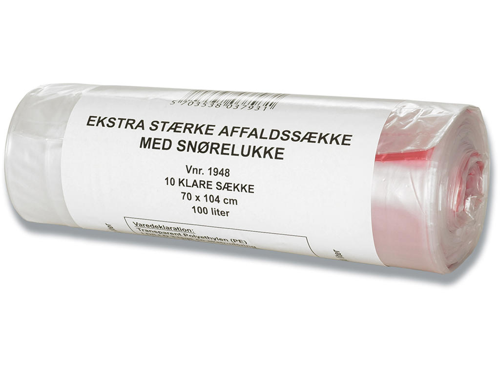 Affaldssække, Med snøreluk, 100 liter, 1 rulle, 10 sække pr rulle, Supersækken 