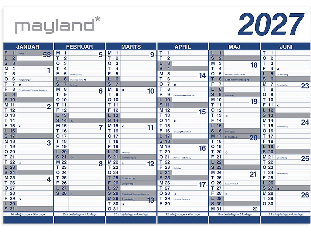 Vægkalender, 2027, Kæmpe, 6 måneder pr. side, 100x70 cm, Mayland