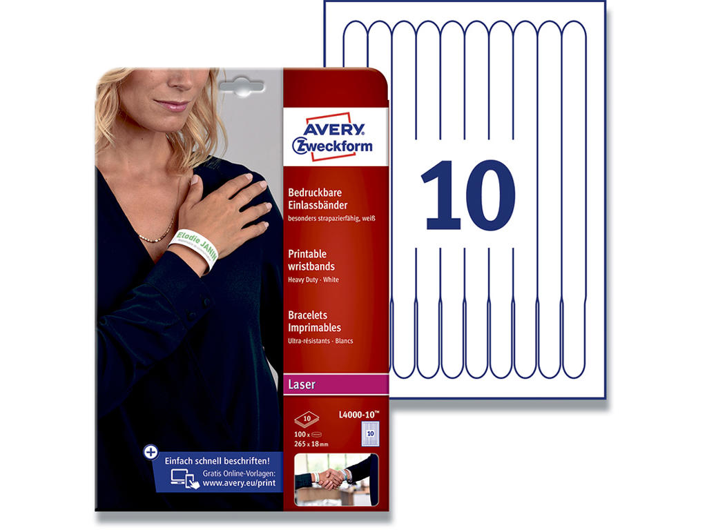 Armbånd, 265x18 mm, Hvid, 100 stk, Avery 