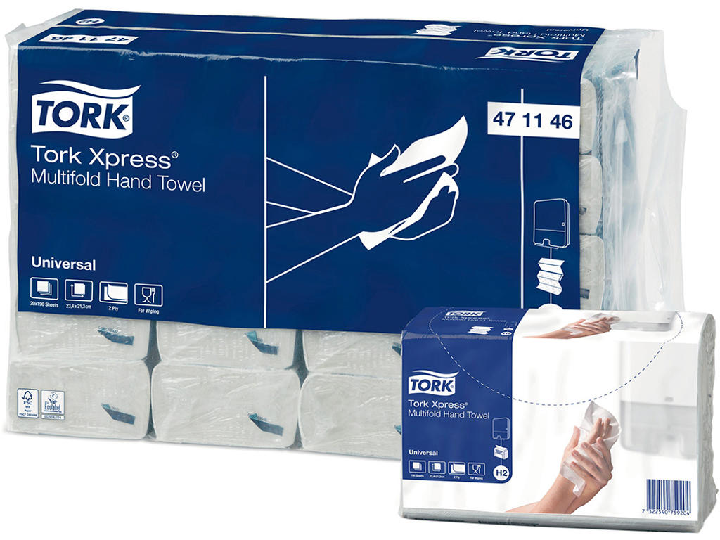 Håndklædeark, 2 lag, M-fold, 3800 ark, Tork Xpress H2