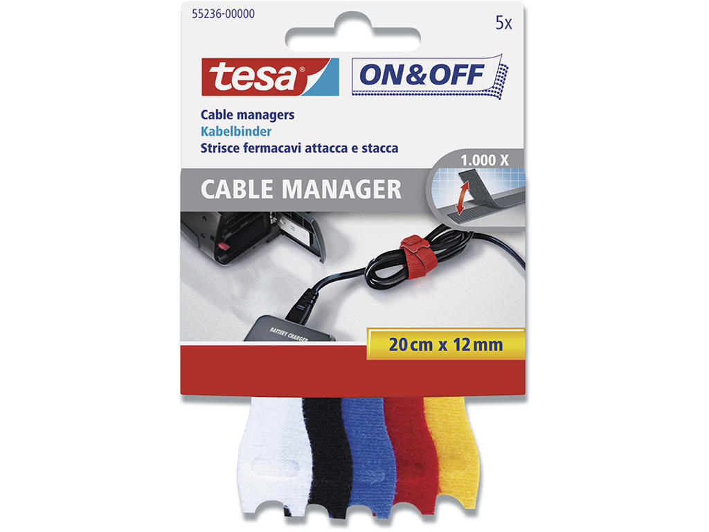 Velcro bånd, 12mm x 20cm, 5 stk, Assorteret, Tesa Cable Manager - small strips 55236