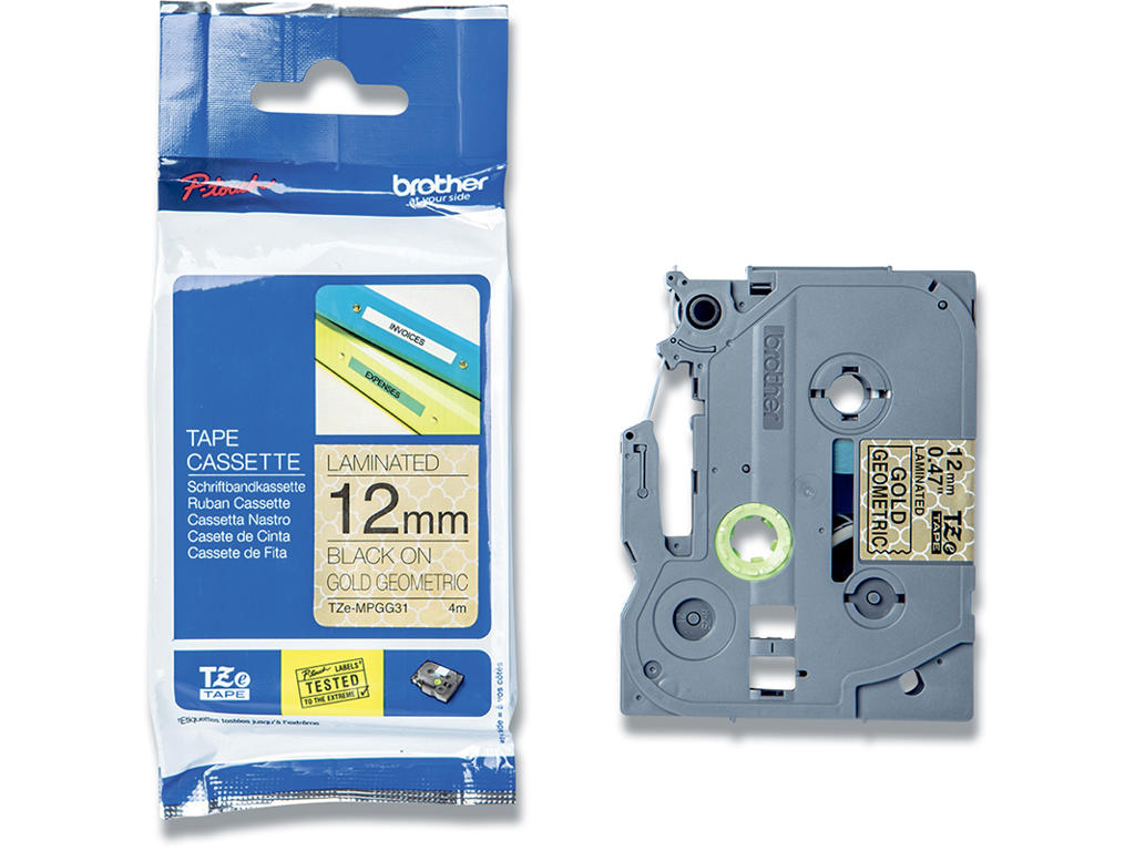 Labeltape, 12mm x 4m, Sort på Guld med geometrisk mønster, 1 rulle, Brother P-Touch TZe-MPGG31