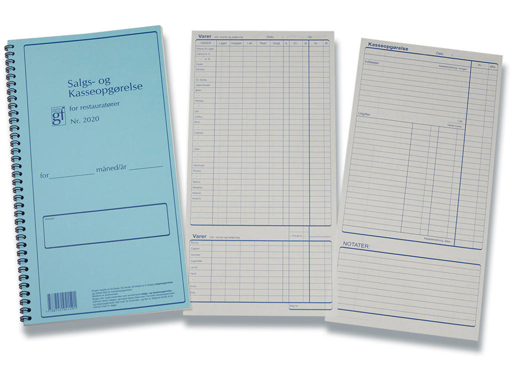 Salgs- og Kasseopgørelse, Til restauratører, Afgiftspligtige varer, 33 blade, GF 