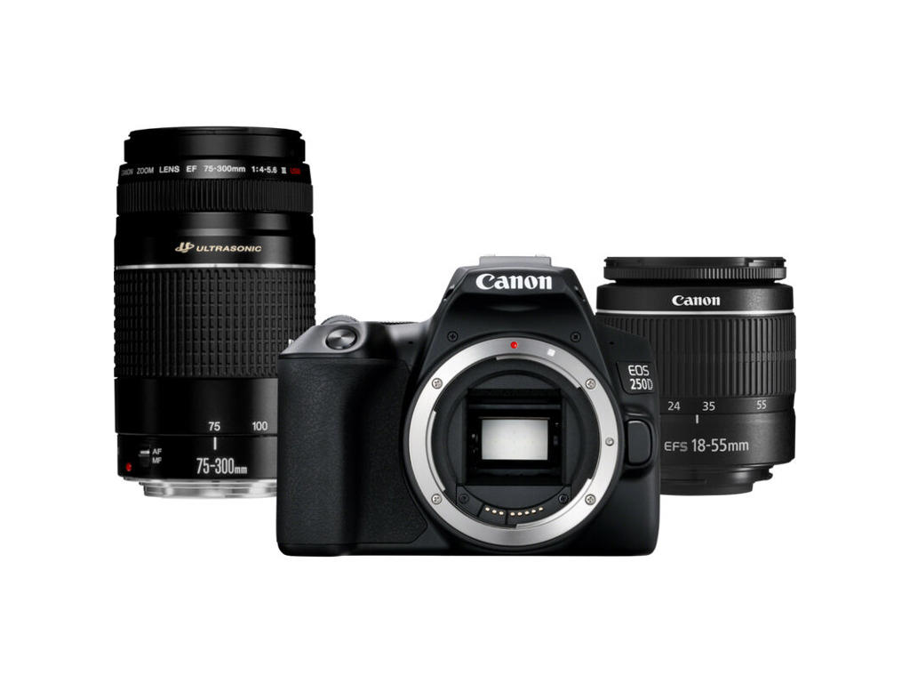 Canon EOS 250D + EF-S 18-55mm f/3.5-5.6 III + EF 75-300mm f/4-5.6 III SLR kamerasæt 24,1 MP CMOS 6000 x 4000 pixel Sort