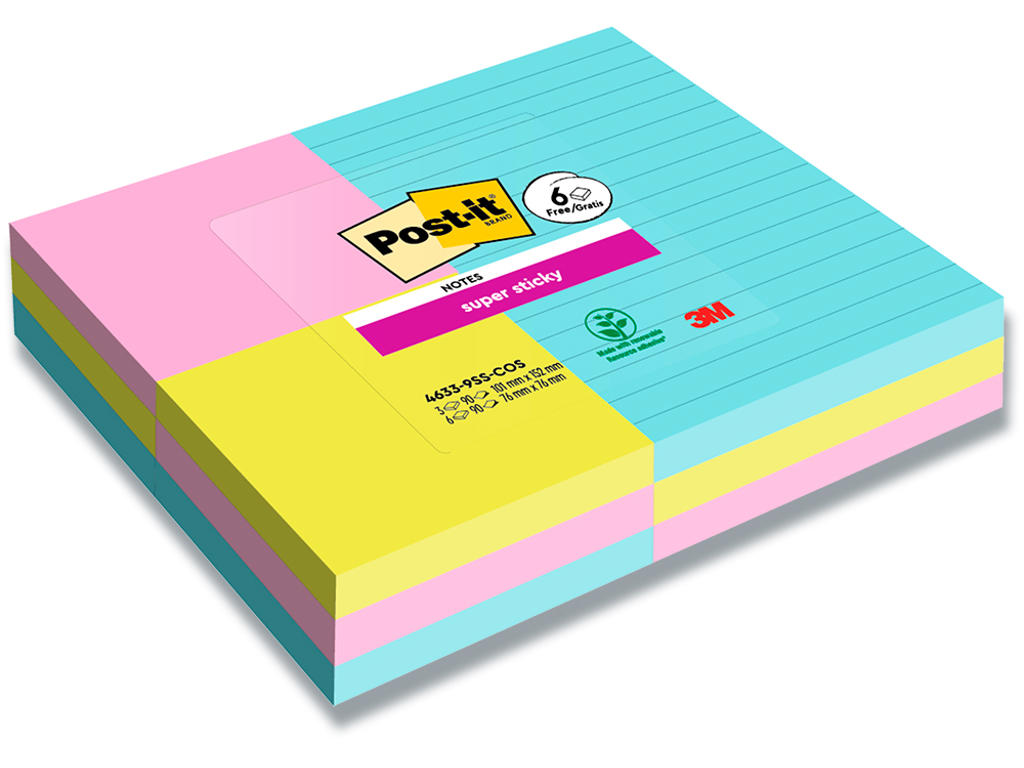 Memonotes, 101x152 mm og 76x76 mm, Assorteret Cosmic, 3 linjeret og 6 standard blokke, Post-it Super Sticky