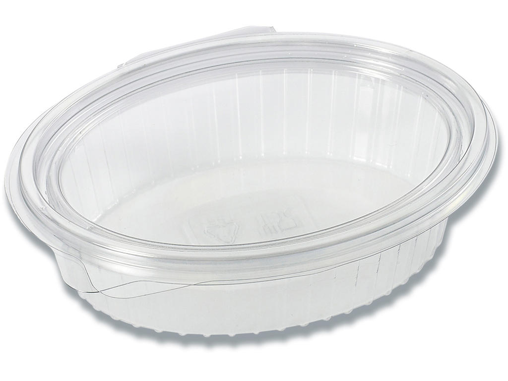 Salatbæger med låg, 370ml, 167x131x45mm, Oval, Hængslet låg, RPET, Klar, 600stk, Multiline Clearshow