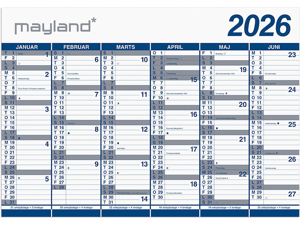 Vægkalender, 2026, Kæmpe, 6 måneder pr. side, 100x70 cm, Mayland
