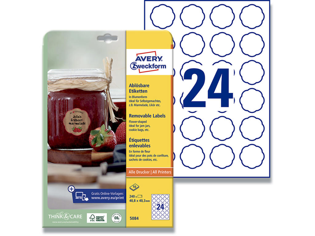 Etiketter, 40.8x40.3 mm, Hvid, 240 etiketter i alt, Avery 