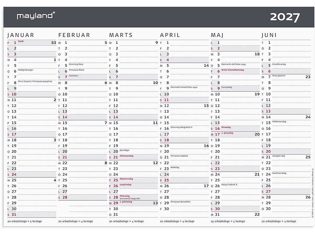 Vægkalender, 2027, A4, Kontor, Moderne, 6 måneder pr. side, Mayland
