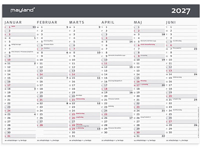 Vægkalender, 2027, A4, Kontor, Moderne, 6 måneder pr. side, Mayland