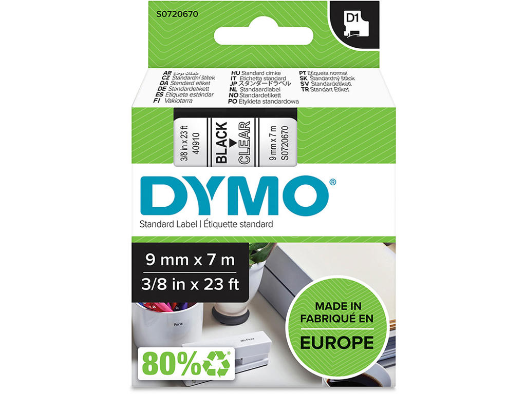 Labeltape, 9mm x 7m, Sort på Transparent, 1 rulle, Dymo D1 40910