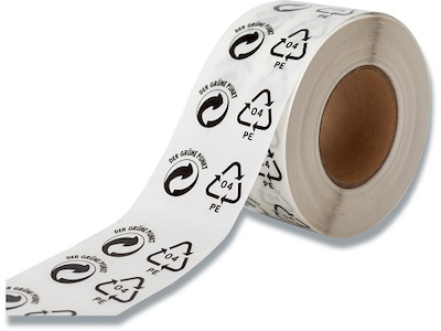 Etiketter, 45x25 mm, Sort og hvid, 1000 etiketter i alt, ''PE'' - ''Grüne Punkt'' 