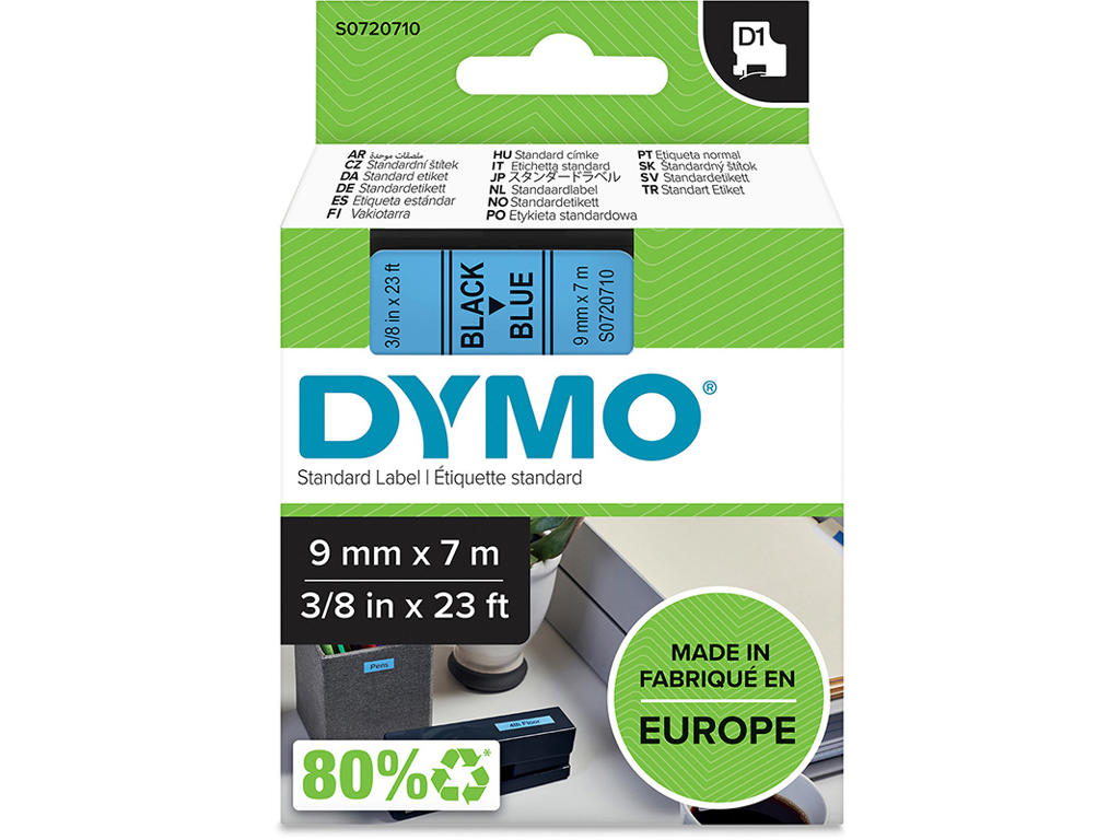 Labeltape, 9mm x 7m, Sort på Blå, 1 rulle, Dymo D1 40916